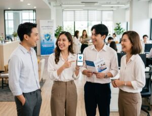 กลุ่มพนักงานบริษัทชาวไทยยิ้มแย้มขณะพูดคุยกันเรื่องสวัสดิการประกันสุขภาพพนักงานในออฟฟิศที่ทันสมัย โดยมีการโชว์แอปพลิเคชันประกันสุขภาพบนมือถือและถือโบรชัวร์ประกันกลุ่ม เพื่อสื่อถึงความมั่นใจและความสุขในสวัสดิการขององค์กร