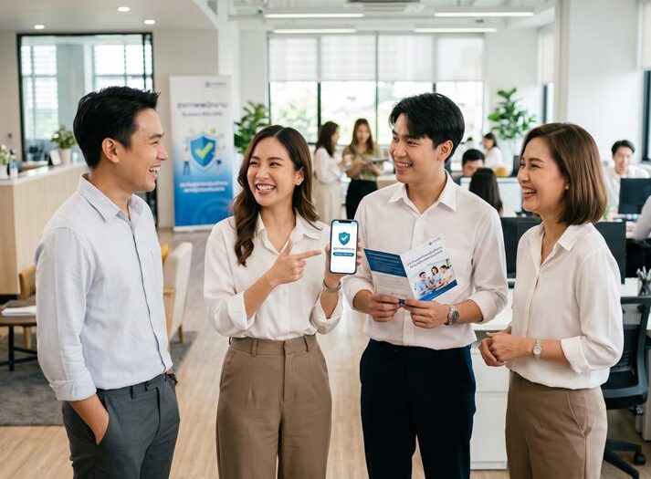 กลุ่มพนักงานบริษัทชาวไทยยิ้มแย้มขณะพูดคุยกันเรื่องสวัสดิการประกันสุขภาพพนักงานในออฟฟิศที่ทันสมัย โดยมีการโชว์แอปพลิเคชันประกันสุขภาพบนมือถือและถือโบรชัวร์ประกันกลุ่ม เพื่อสื่อถึงความมั่นใจและความสุขในสวัสดิการขององค์กร
