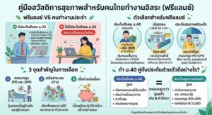 อินโฟกราฟิกเปรียบเทียบสวัสดิการและตัวเลือกประกันสุขภาพสำหรับฟรีแลนซ์ในประเทศไทย แบ่งเป็น 4 ส่วน ได้แก่ การเปรียบเทียบฟรีแลนซ์กับคนทำงานประจำ, ตัวเลือกประกันแบบต่างๆ (ม.40, บัตรทอง, ประกันส่วนตัว), 3 จุดสำคัญในการเลือกแผนประกัน (IPD/OPD, เครือข่าย รพ., เบี้ยประกัน), และข้อดีของการทำประกันสังคม ม.40 ควบคู่กับประกันสุขภาพส่วนตัว พร้อมระบุรายละเอียดของแต่ละหัวข้ออย่างชัดเจน
