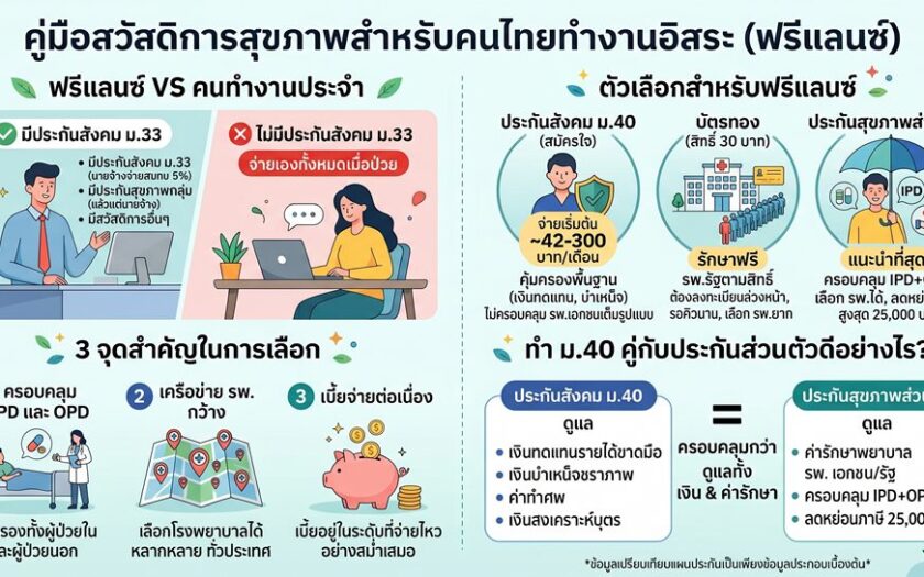 อินโฟกราฟิกเปรียบเทียบสวัสดิการและตัวเลือกประกันสุขภาพสำหรับฟรีแลนซ์ในประเทศไทย แบ่งเป็น 4 ส่วน ได้แก่ การเปรียบเทียบฟรีแลนซ์กับคนทำงานประจำ, ตัวเลือกประกันแบบต่างๆ (ม.40, บัตรทอง, ประกันส่วนตัว), 3 จุดสำคัญในการเลือกแผนประกัน (IPD/OPD, เครือข่าย รพ., เบี้ยประกัน), และข้อดีของการทำประกันสังคม ม.40 ควบคู่กับประกันสุขภาพส่วนตัว พร้อมระบุรายละเอียดของแต่ละหัวข้ออย่างชัดเจน
