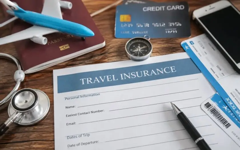 ภาพแนวสมจริงเกี่ยวกับประกันการเดินทาง มีแบบฟอร์ม Travel Insurance พร้อมพาสปอร์ต เครื่องบินจำลอง บัตรเครดิต ตั๋วเครื่องบิน สมาร์ตโฟน และหูฟังแพทย์วางบนโต๊ะไม้ สื่อถึงการวางแผนท่องเที่ยวและความคุ้มครองระหว่างเดินทาง