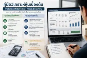 นักลงทุนกำลังวิเคราะห์ข้อมูลหุ้นผ่านแล็ปท็อป พร้อมอินโฟกราฟิกอธิบายการวิเคราะห์ปัจจัยพื้นฐาน อัตราส่วนทางการเงิน และการประเมินมูลค่าหุ้นสำหรับนักลงทุนมือใหม่