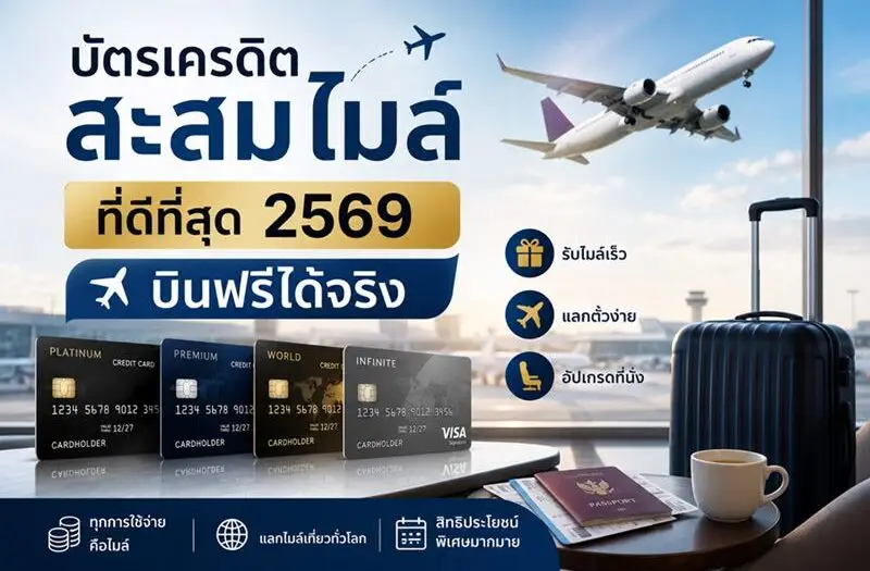 ภาพสมจริงของบัตรเครดิตสะสมไมล์ในสนามบิน พร้อมเครื่องบิน กระเป๋าเดินทาง และพาสปอร์ต สื่อถึงการสะสมไมล์เพื่อแลกตั๋วบินฟรี