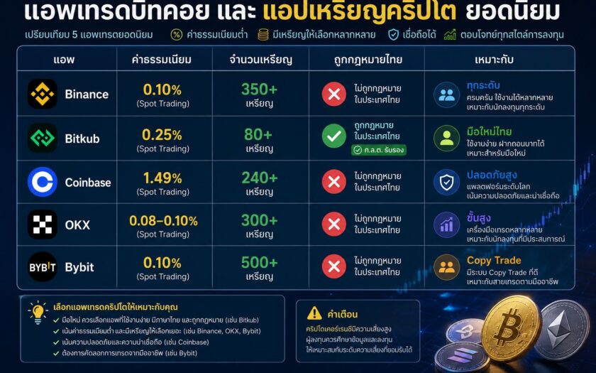 อินโฟกราฟิกเปรียบเทียบแอพเทรดคริปโตยอดนิยม ได้แก่ Binance, Bitkub, Coinbase, OKX และ Bybit พร้อมข้อมูลค่าธรรมเนียม จำนวนเหรียญ ความถูกกฎหมายในไทย และประเภทนักลงทุนที่เหมาะสม