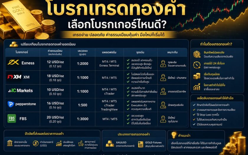 อินโฟกราฟิกเปรียบเทียบโบรกเกอร์เทรดทองคำยอดนิยม พร้อมข้อมูลค่าธรรมเนียม เลเวอเรจ แพลตฟอร์มเทรด และคำแนะนำสำหรับนักลงทุนที่สนใจเทรดทองคำออนไลน์
