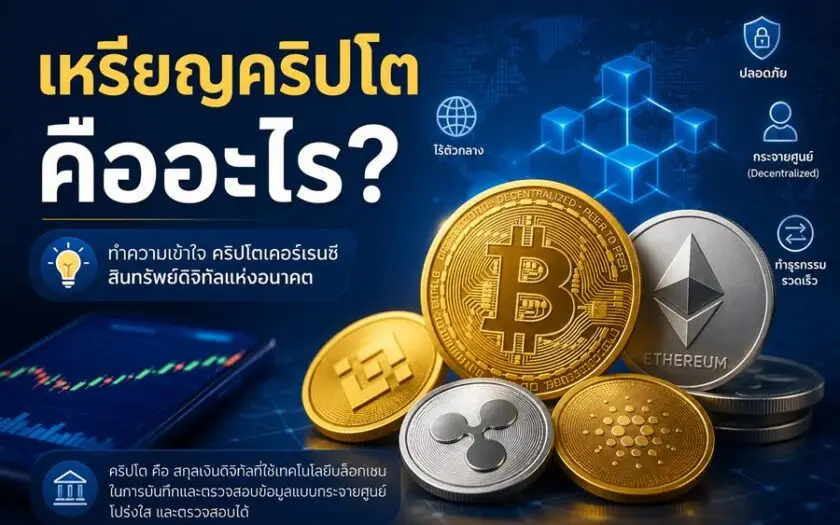 ภาพประกอบบทความเกี่ยวกับเหรียญคริปโต แสดงเหรียญ Bitcoin และ Ethereum พร้อมกราฟการลงทุนและเทคโนโลยีบล็อกเชนบนพื้นหลังดิจิทัลสีน้ำเงิน